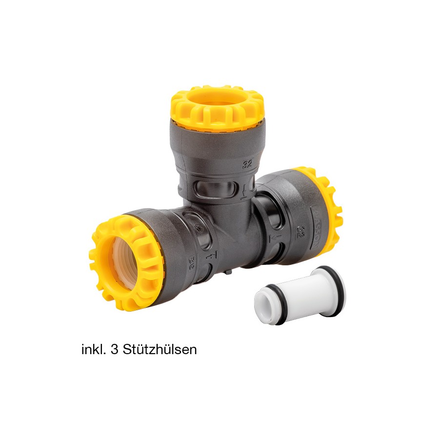 T-STÜCK 90° G-PLASS 32X32X32 MIT 3 STÜTZHÜLSEN